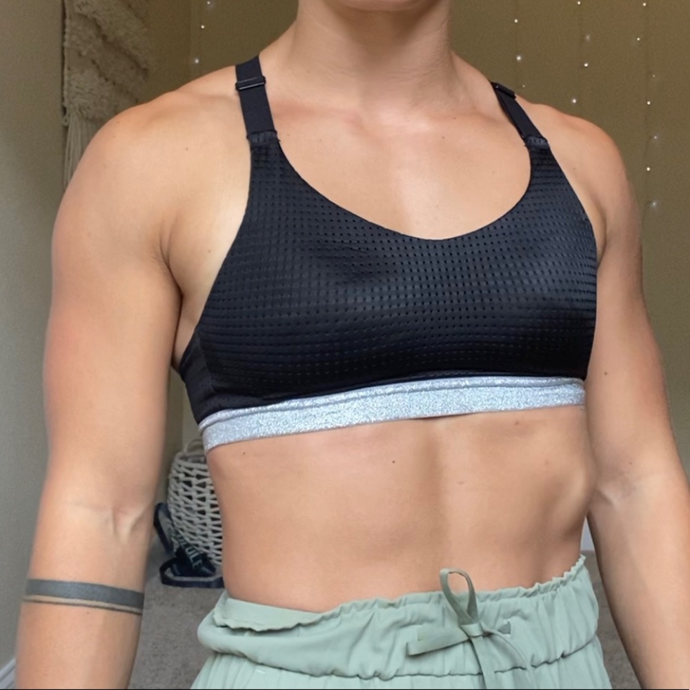 Victoria’s Secret sports bra, black & silver